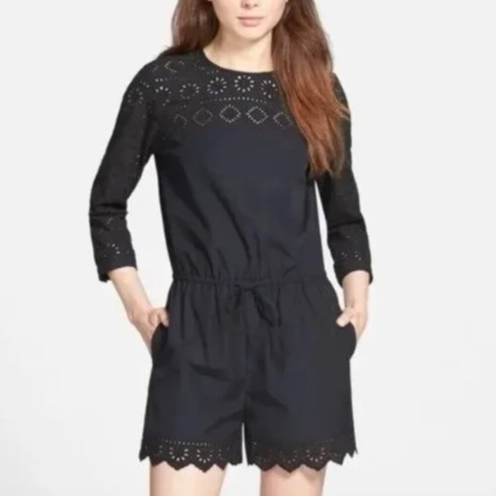 Madewell Eyelet Romper, Black, Size 0, Shorts with 3/4 sleeves